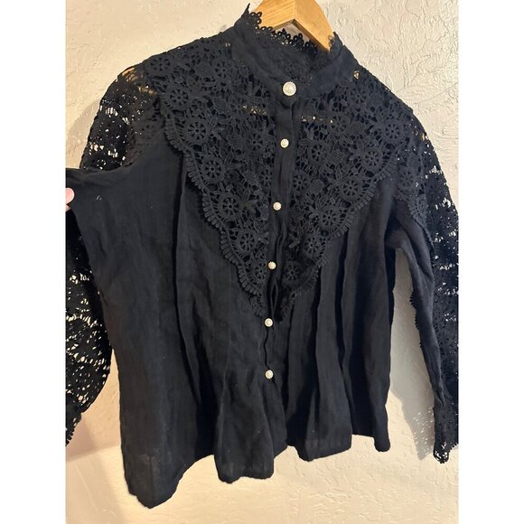 Y Black Cotton Goth Alt Wednesday Addams Style Victorian Lace Collared Blouse - Picture 5 of 12